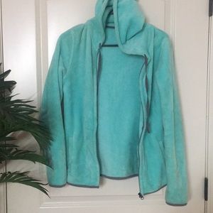 teal fuzzy jacket
